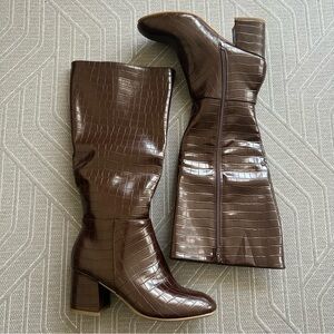 Brown Croc-Embossed Knee-High Boots